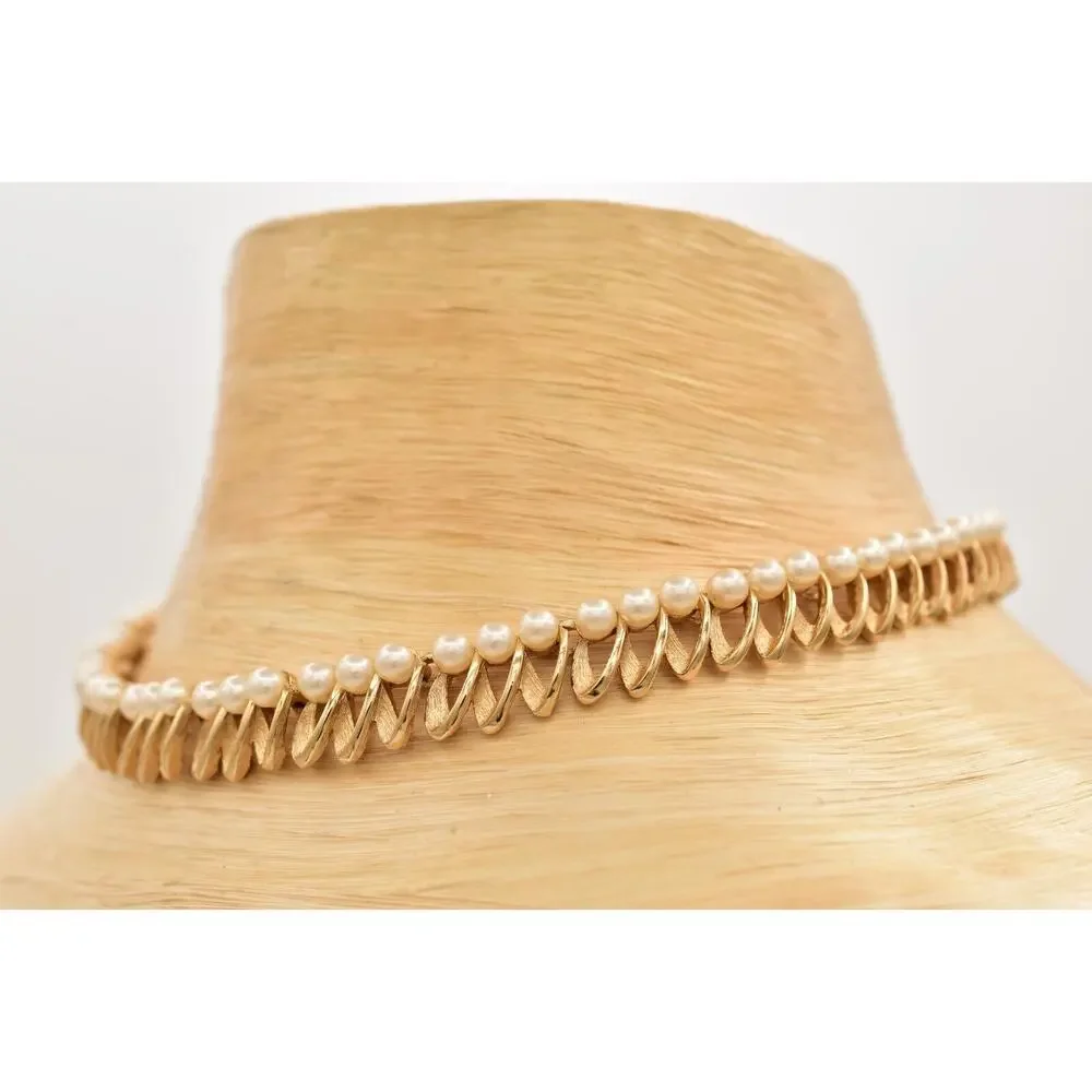 Crown Trifari Vintage Choker Necklace Pearl Brushed Gold Signed 50s 1940s BinBL